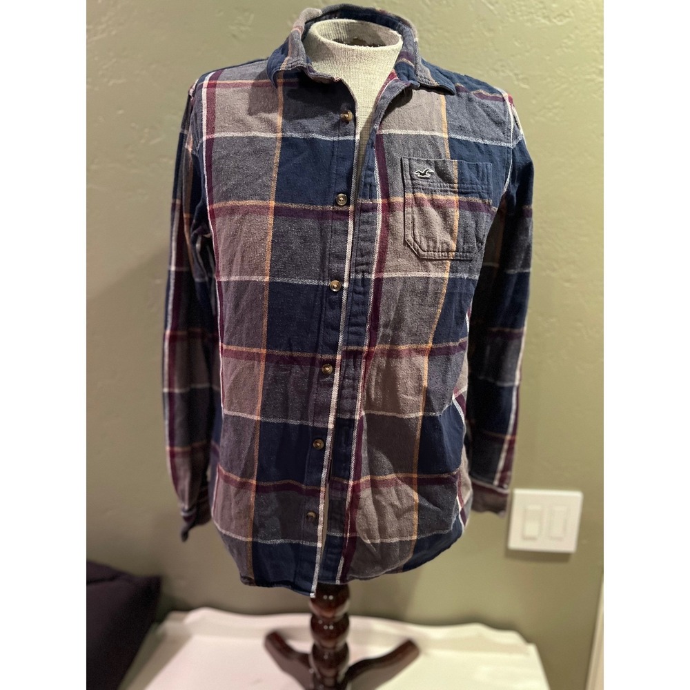 Hollister Men's Flannel Shirt Blue Grey Plaid Long Sleeve Button Down Size M